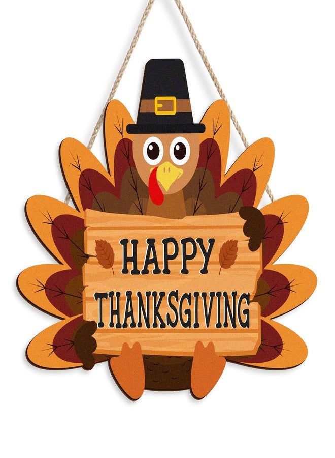 Pigort Happy Thanksgiving Wooden Sign Thanksgiving Turkey Door Decorations with Turkey Holds Farmhouse Wood Door Hanger for Autumn Harvest Holiday Home Office Window 8x12inch - Image 1